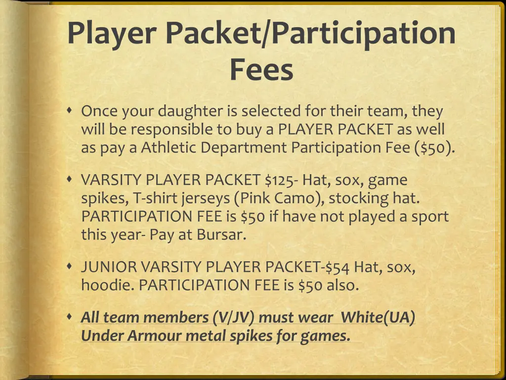 player packet participation fees