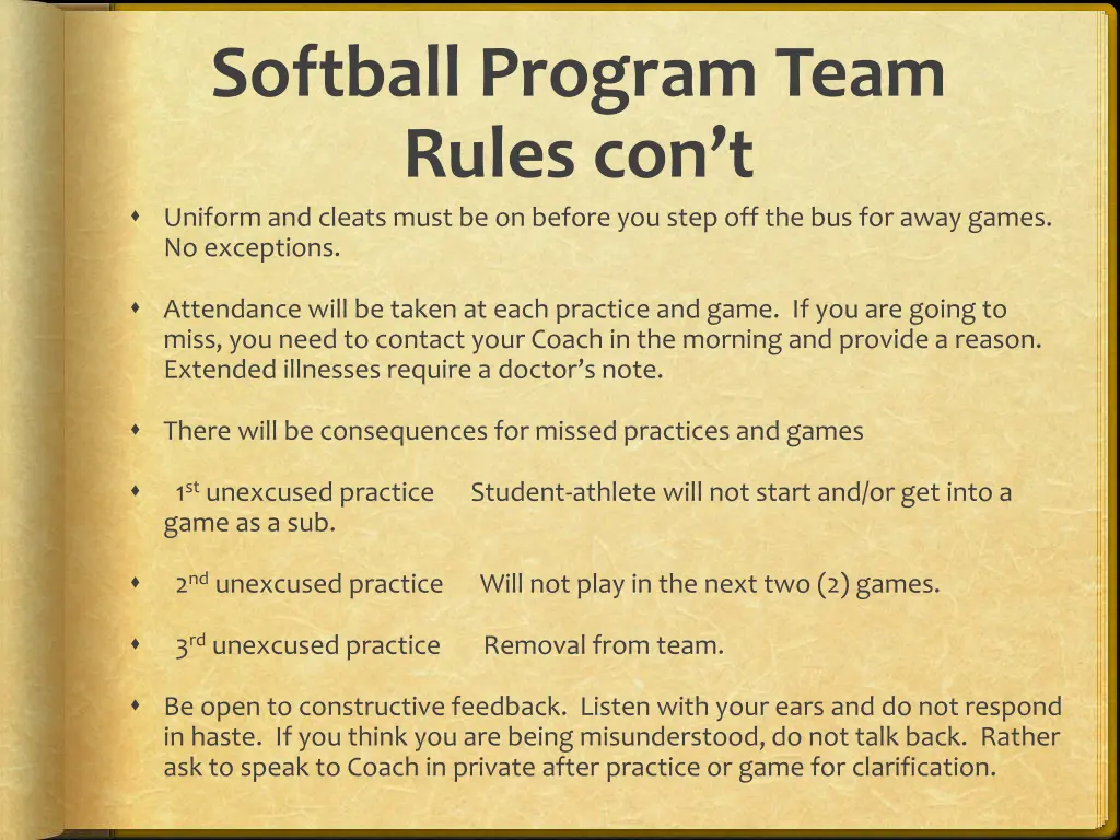 softball program team rules con t uniform