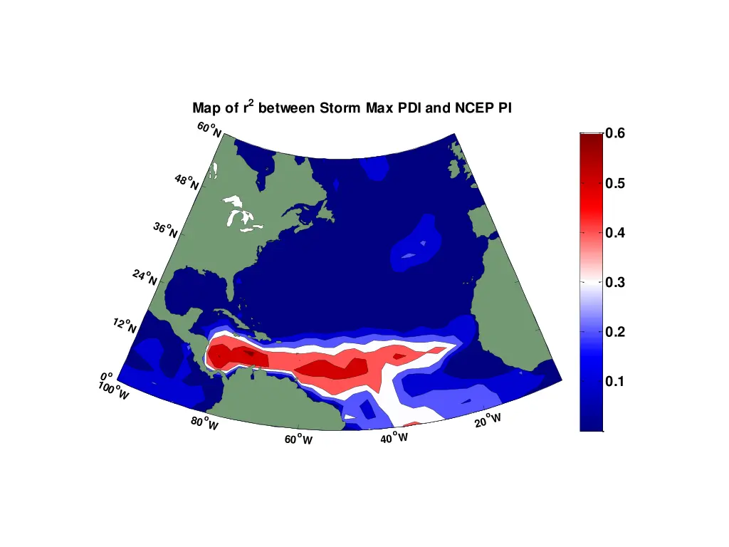 map of r 2 between storm max pdi and ncep