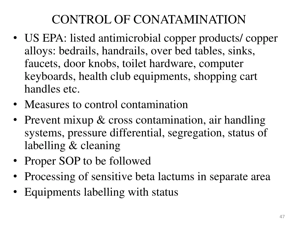 control of conatamination 1