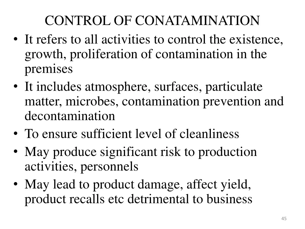 control of conatamination it refers