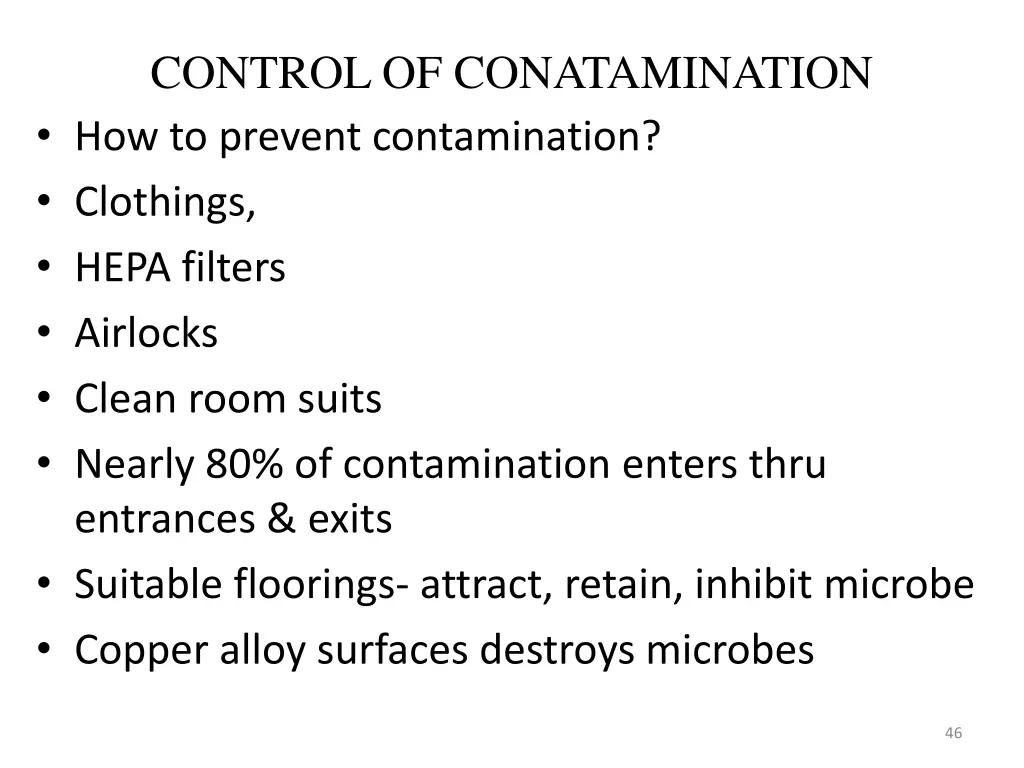 control of conatamination