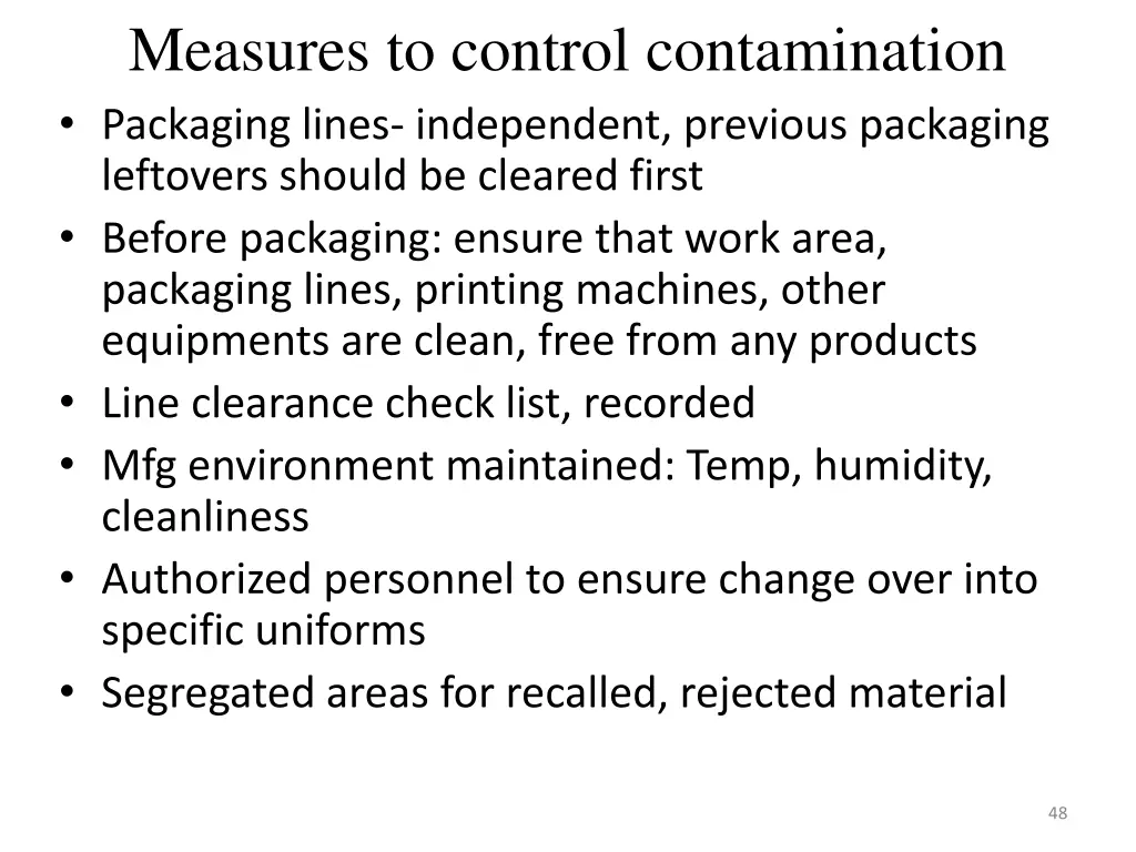 measures to control contamination packaging lines