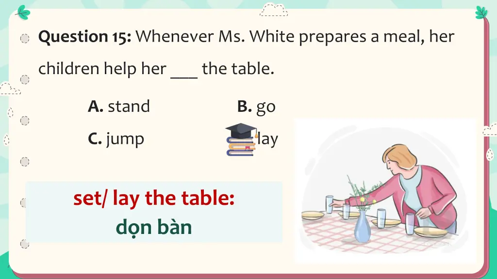 question 15 whenever ms white prepares a meal her