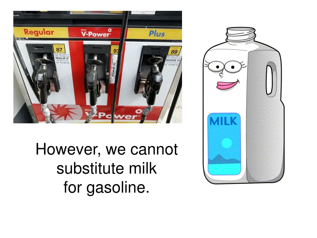 however we cannot substitute milk for gasoline