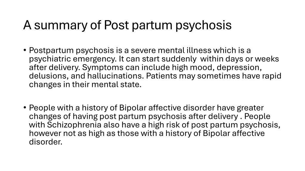 a summary of post partum psychosis