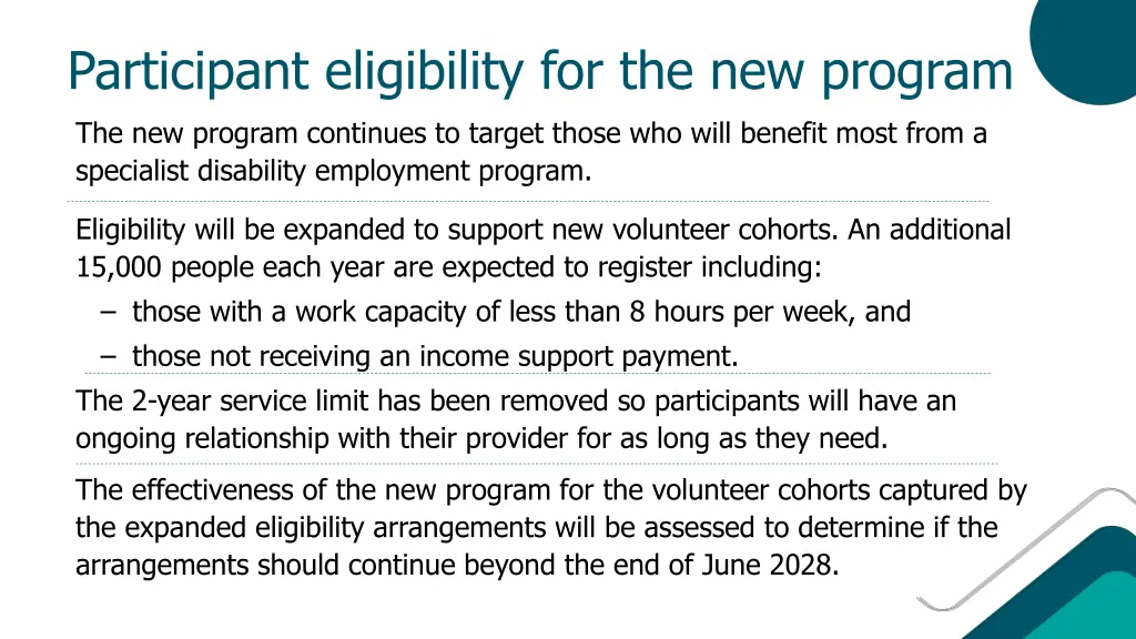 participant eligibility for the new program