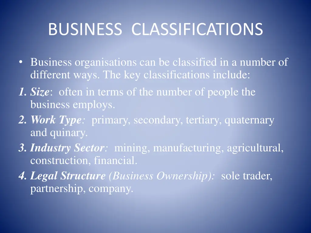 business classifications