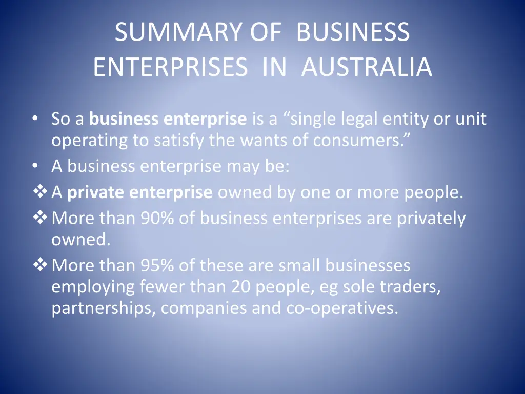 summary of business enterprises in australia