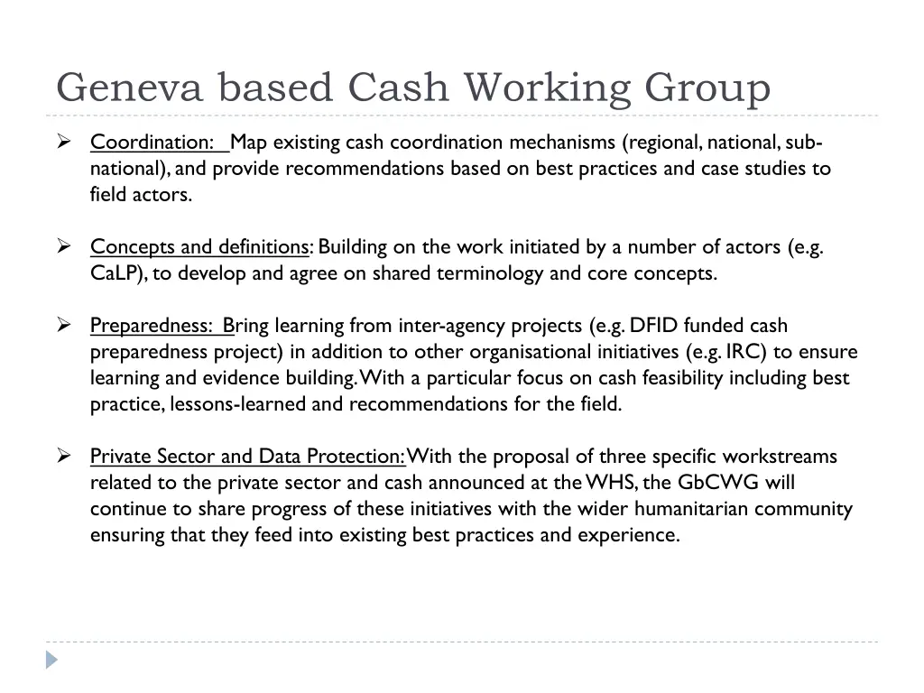 geneva based cash working group