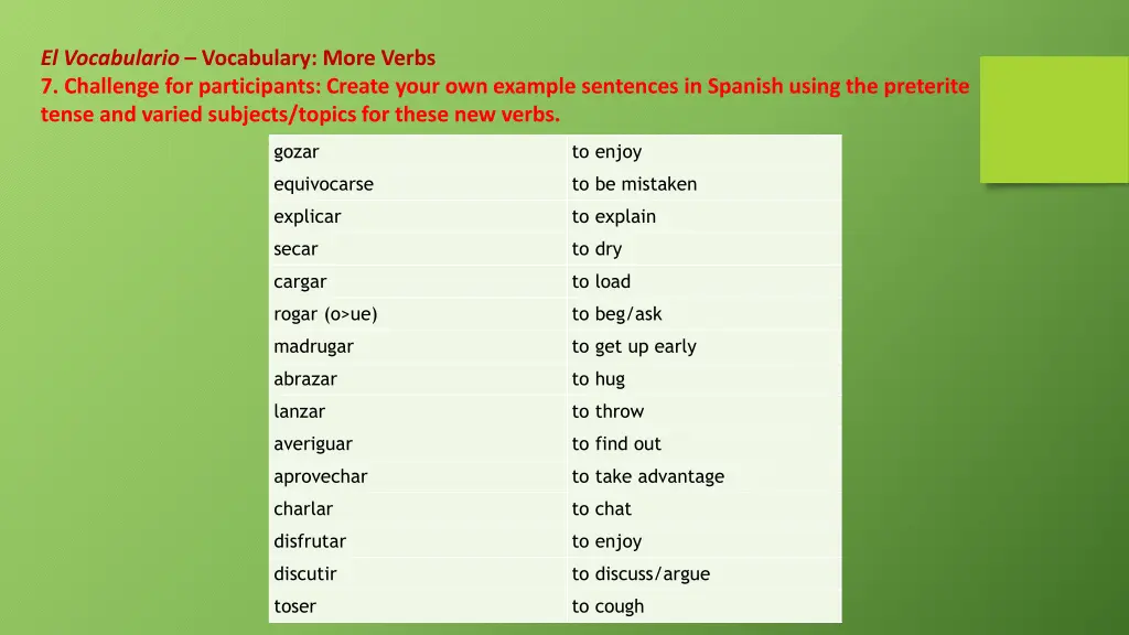 el vocabulario vocabulary more verbs 7 challenge