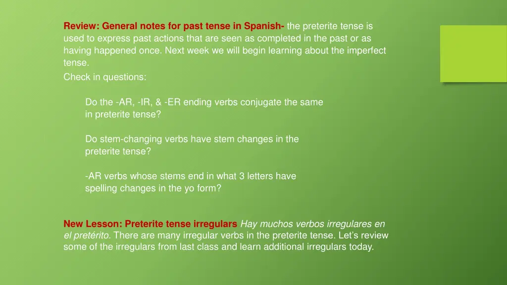 review general notes for past tense in spanish