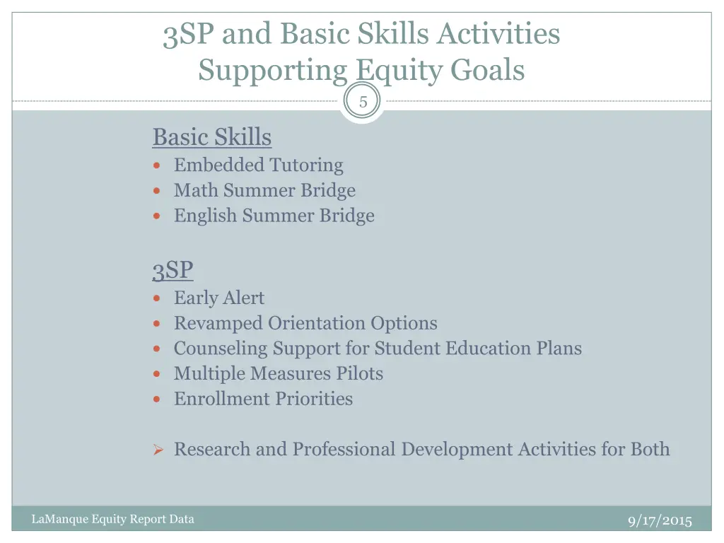 3sp and basic skills activities supporting equity