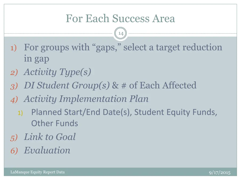 for each success area