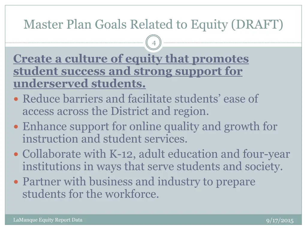 master plan goals related to equity draft