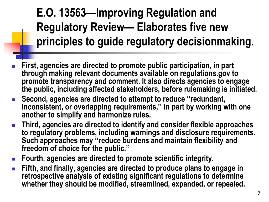 e o 13563 improving regulation and regulatory