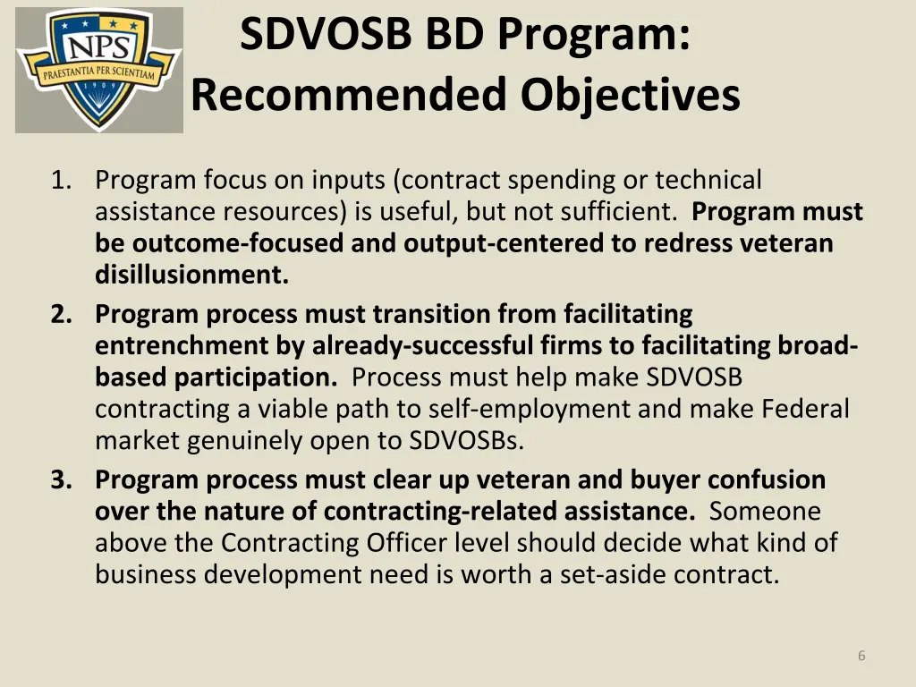 sdvosb bd program recommended objectives