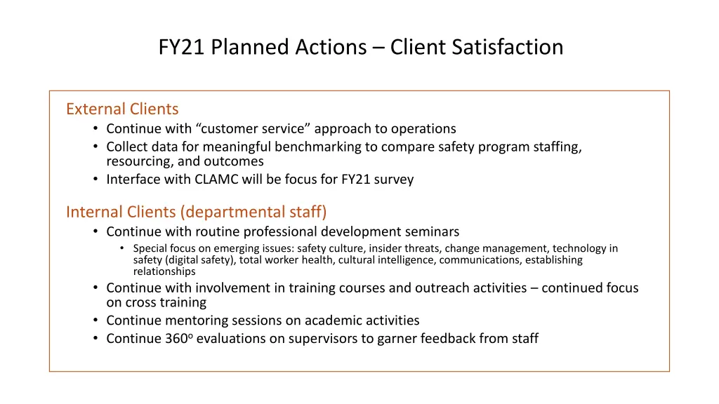 fy21 planned actions client satisfaction