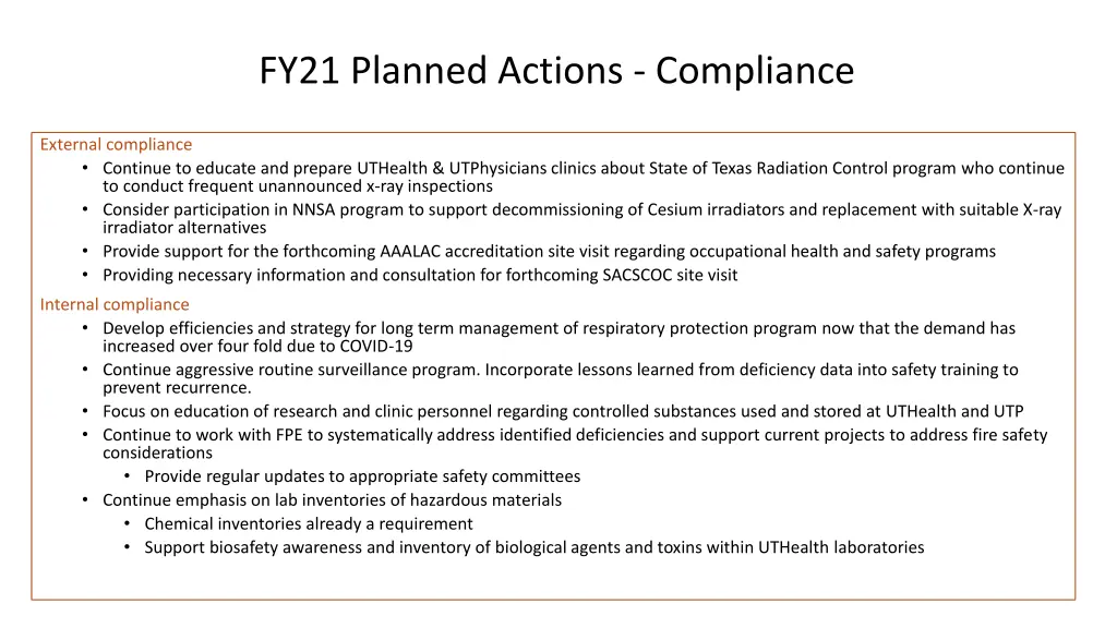 fy21 planned actions compliance