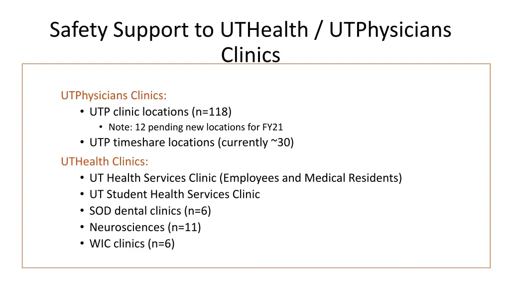 safety support to uthealth utphysicians clinics