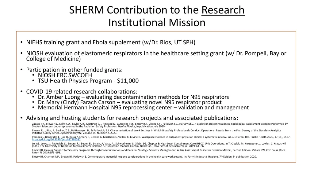 sherm contribution to the research institutional