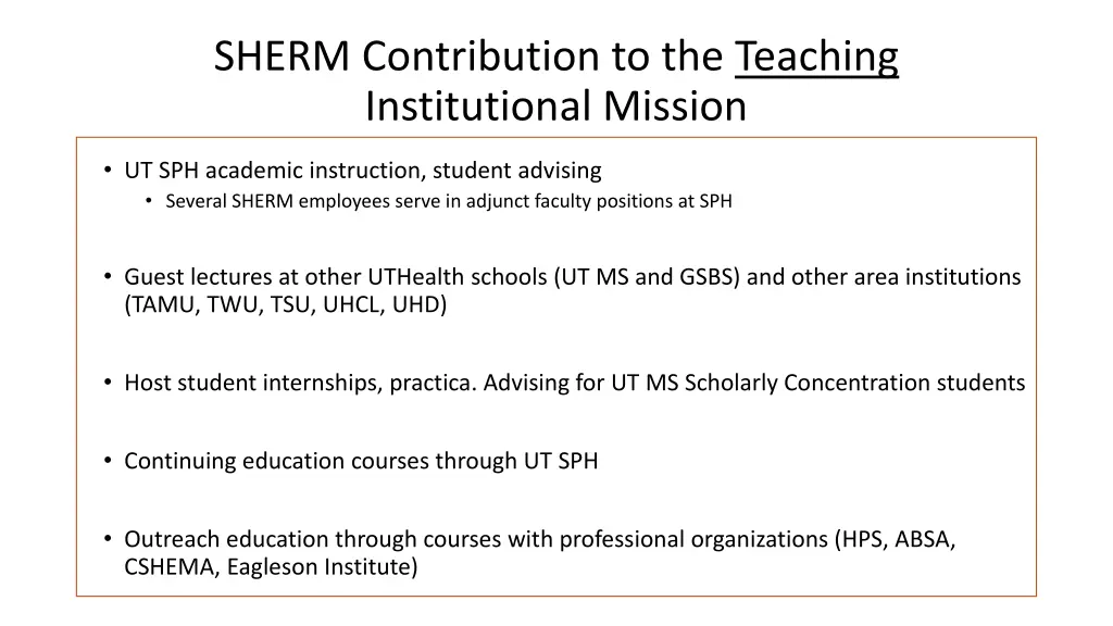 sherm contribution to the teaching institutional