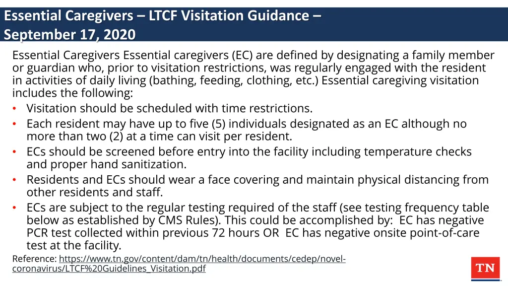 essential caregivers ltcf visitation guidance