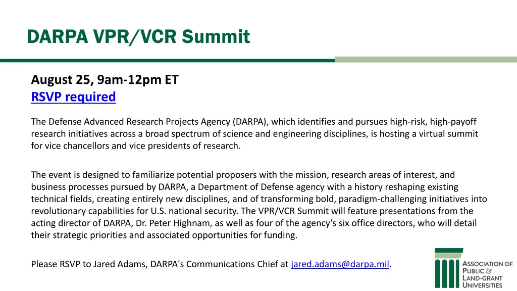 darpa vpr vcr summit