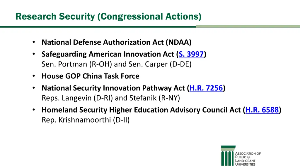 research security congressional actions