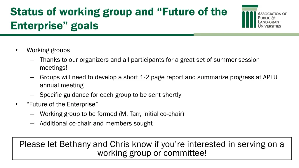 status of working group and future