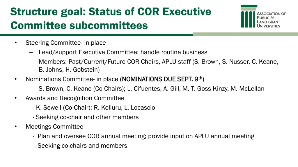 structure goal status of cor executive committee