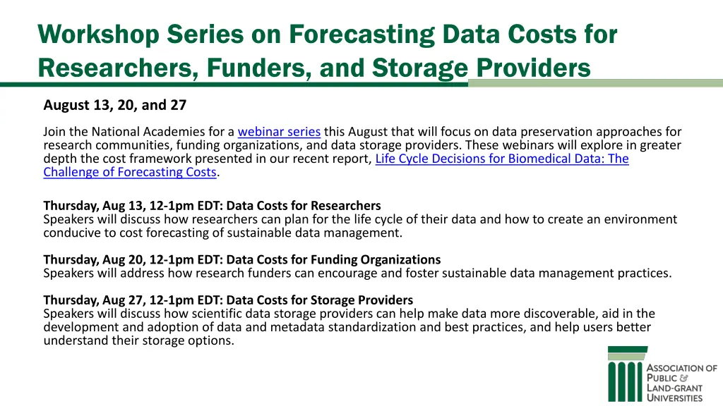 workshop series on forecasting data costs