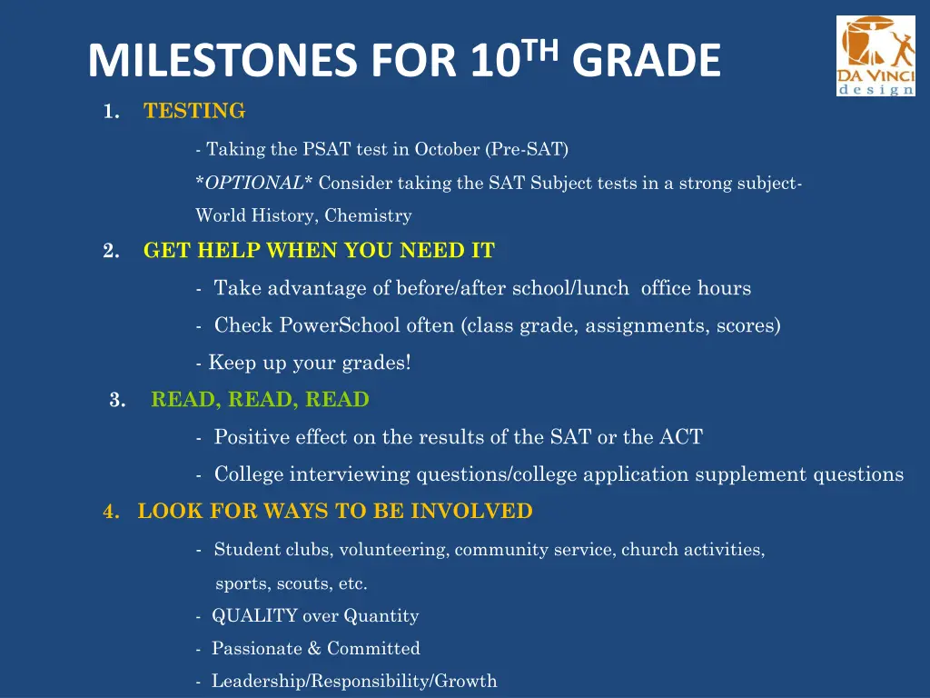 milestones for 10 th grade 1 testing