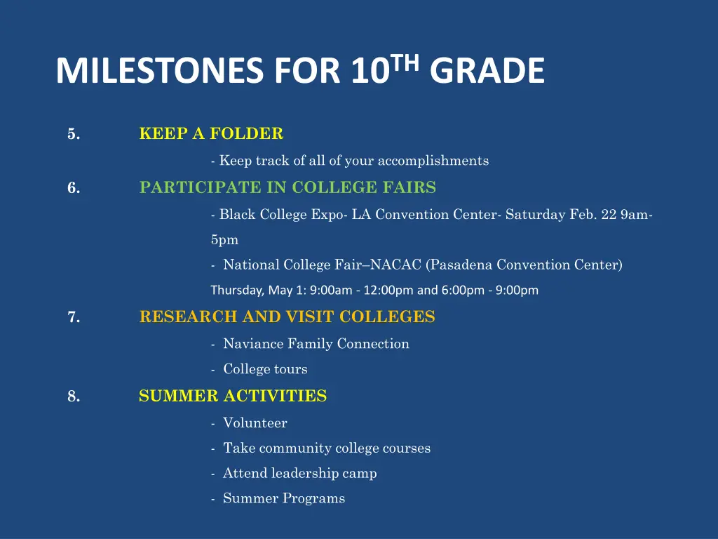 milestones for 10 th grade