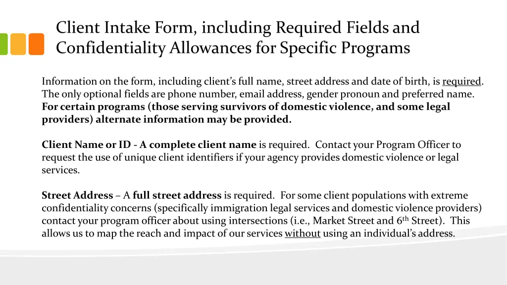 client intake form including required fields