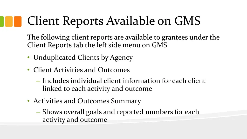 client reports available on gms