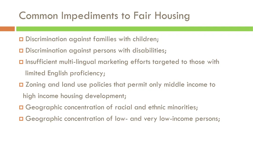 common impediments to fair housing