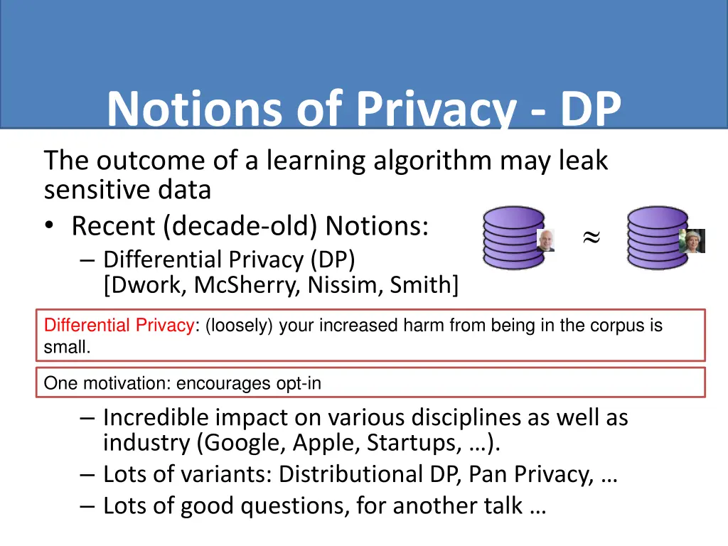 notions of privacy dp the outcome of a learning