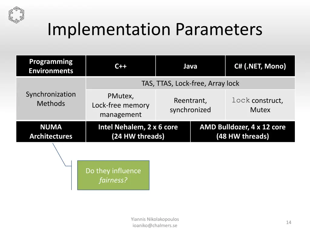 implementation parameters