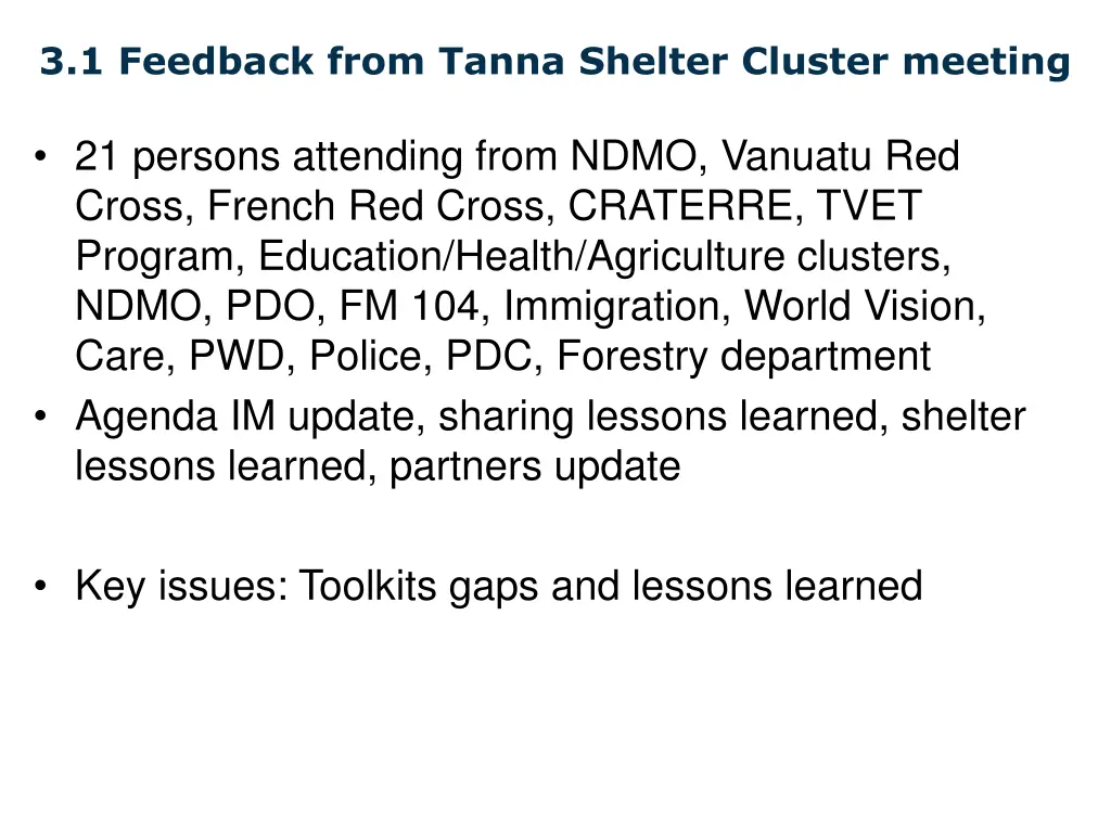 3 1 feedback from tanna shelter cluster meeting