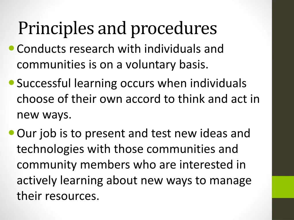 principles and procedures conducts research with