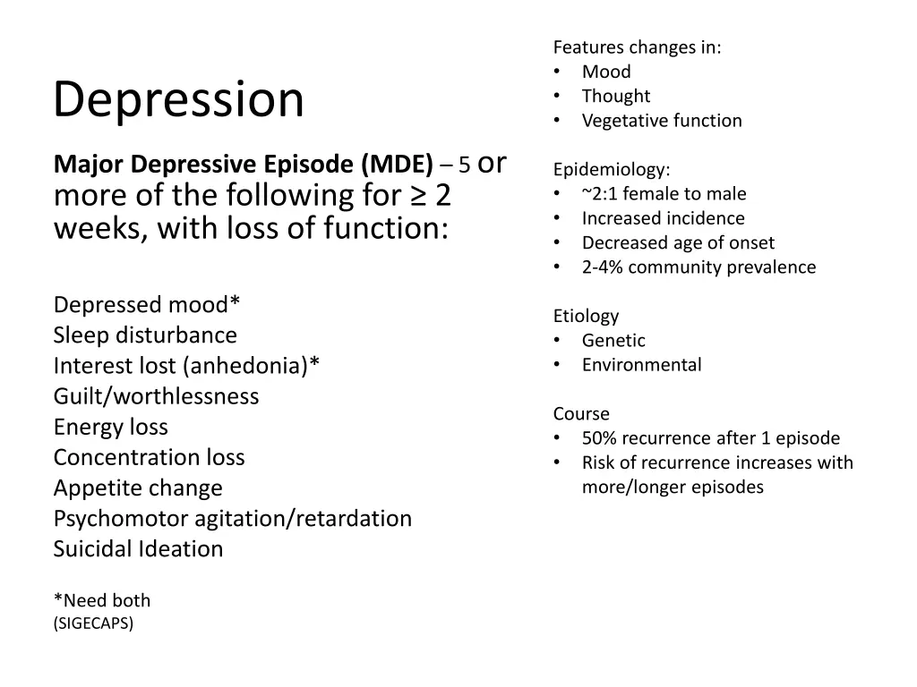 features changes in mood thought vegetative