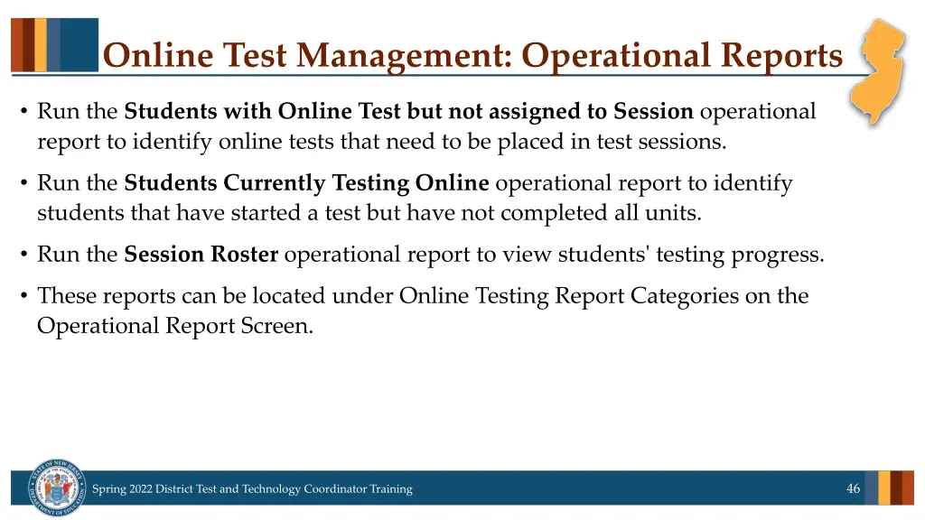 online test management operational reports