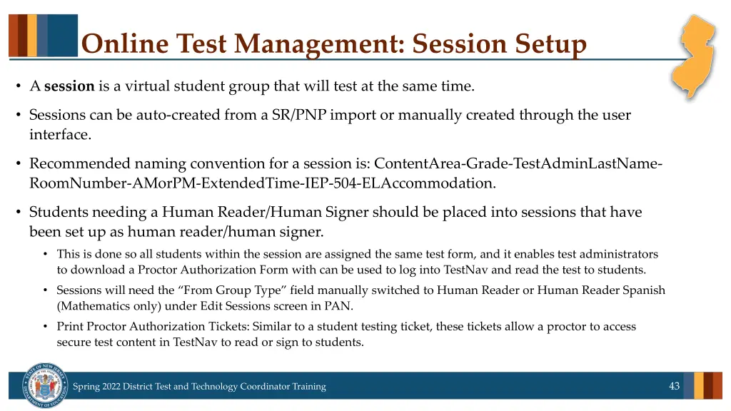 online test management session setup