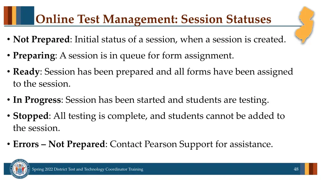 online test management session statuses