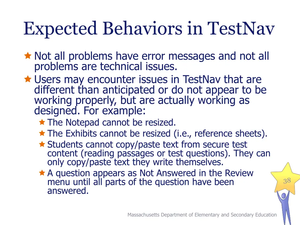 expected behaviors in testnav