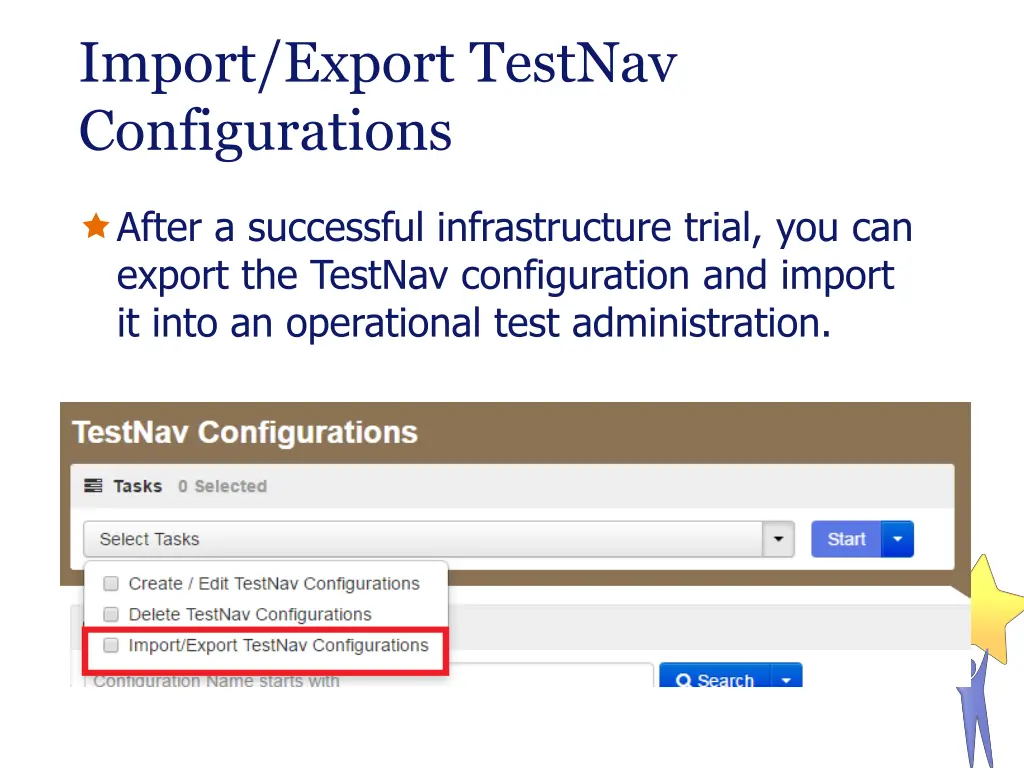 import export testnav configurations