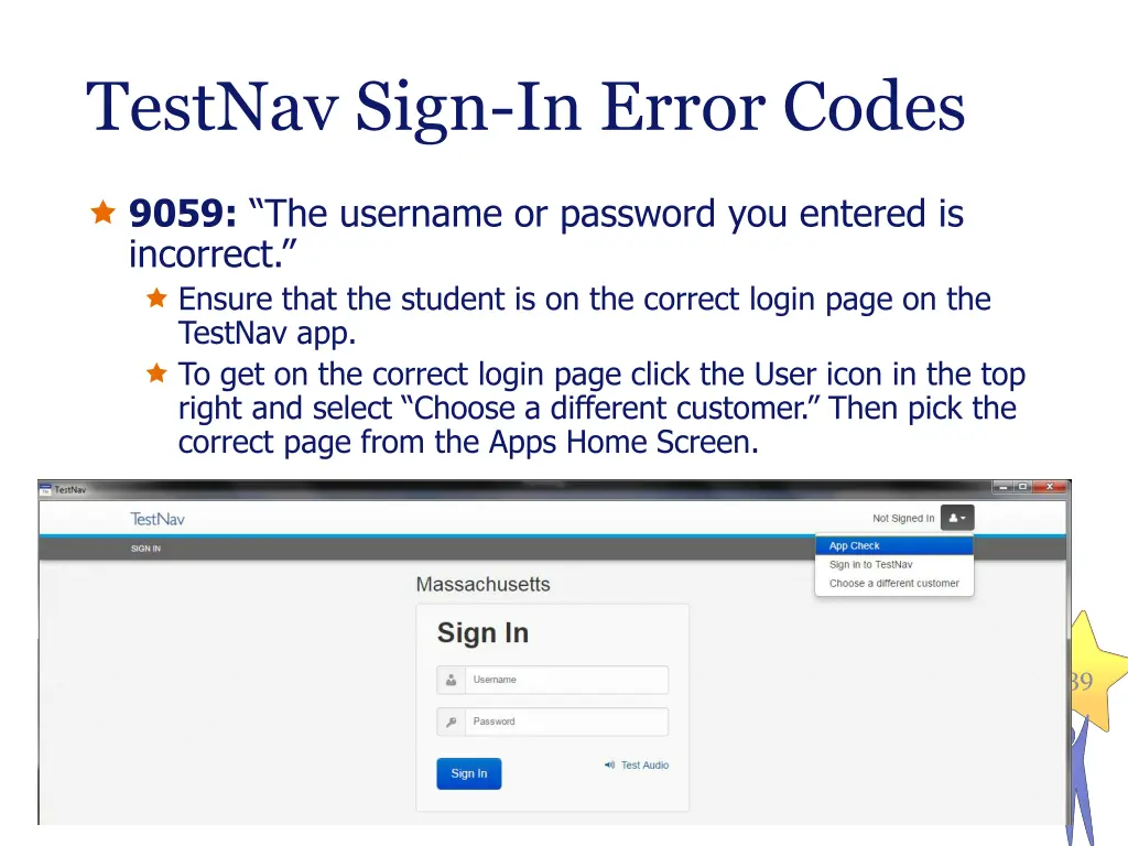 testnav sign in error codes