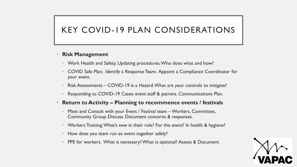 key covid 19 plan considerations