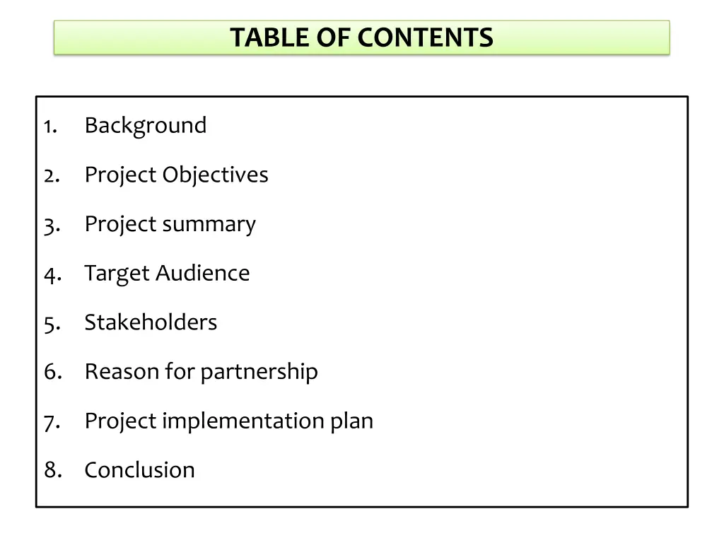 table of contents